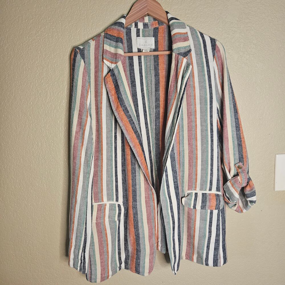Caslon Open Front Striped Linen Blend Blazer - Size Medium